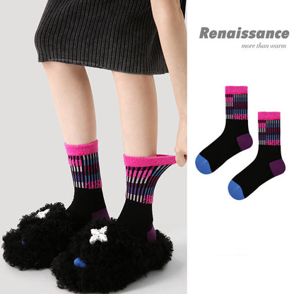 Mid Calf Embossed Stripe Socks Combed Cotton Breathable