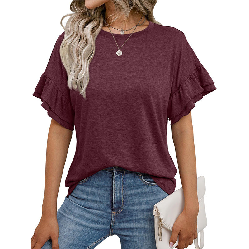 Solid Color Ruffle Sleeve T-Shirt for Women