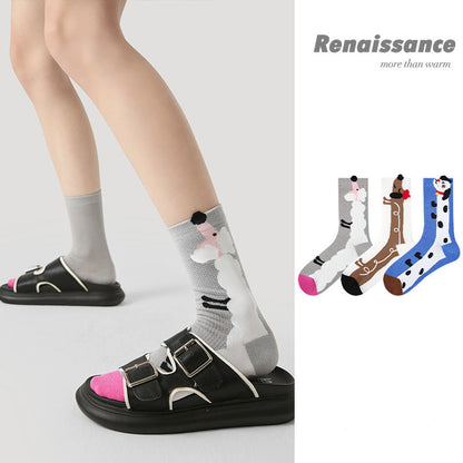 Socks Colorblock Dog Stripe Combed Cotton Mid Calf