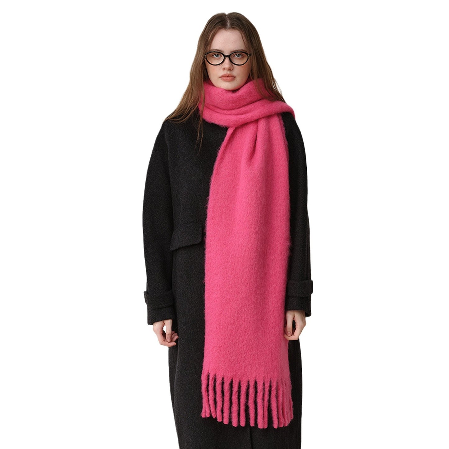 Classic Wool Blend Solid Color Fringed Scarf for Women