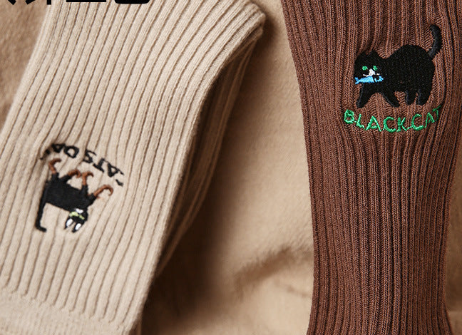 Mid Calf Panda Embroidered Combed Cotton Socks