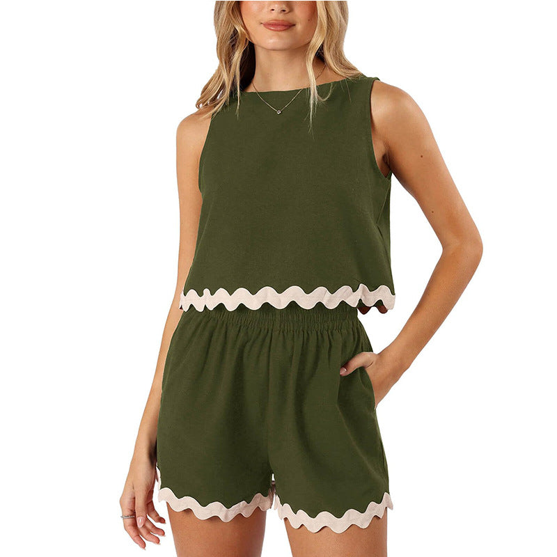 Summer Two-Piece Lace-Trimmed Tank Top and Shorts Set