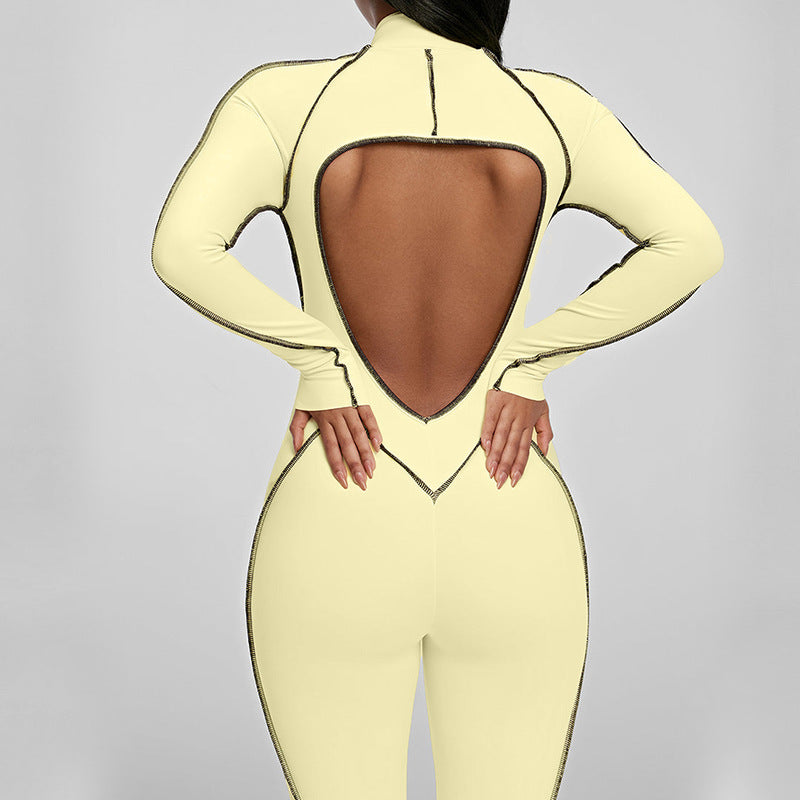 Color Block Yoga Jumpsuit with Hollow Back Spaghetti Strap