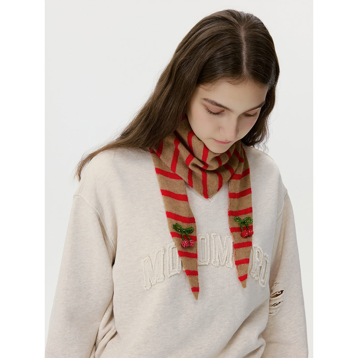 Triangular Wool Knit Scarf with Stripes for Women