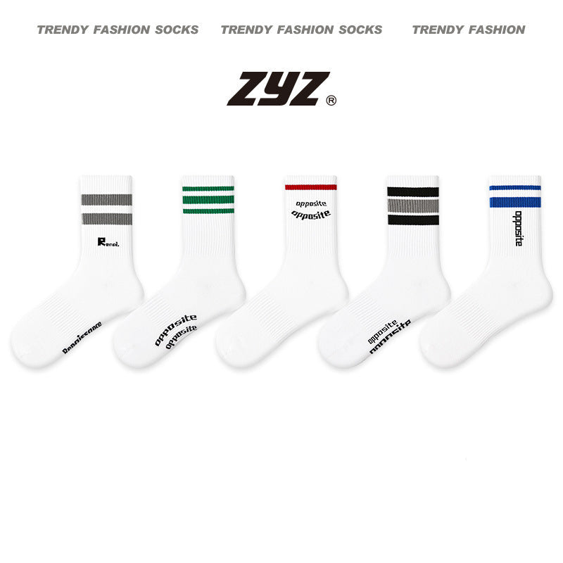Mid Calf Striped Sport Socks Moisture Wicking Cotton