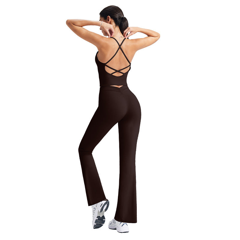 Cross Back Sports Yoga Set with V-Waist and Ruched Leggings