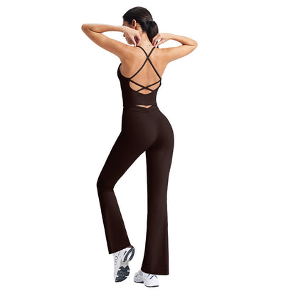 Cross Back Sports Yoga Set with V-Waist and Ruched Leggings