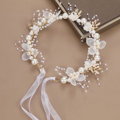 Pearl Handcrafted Wrist Flower and Headband Bridal Set