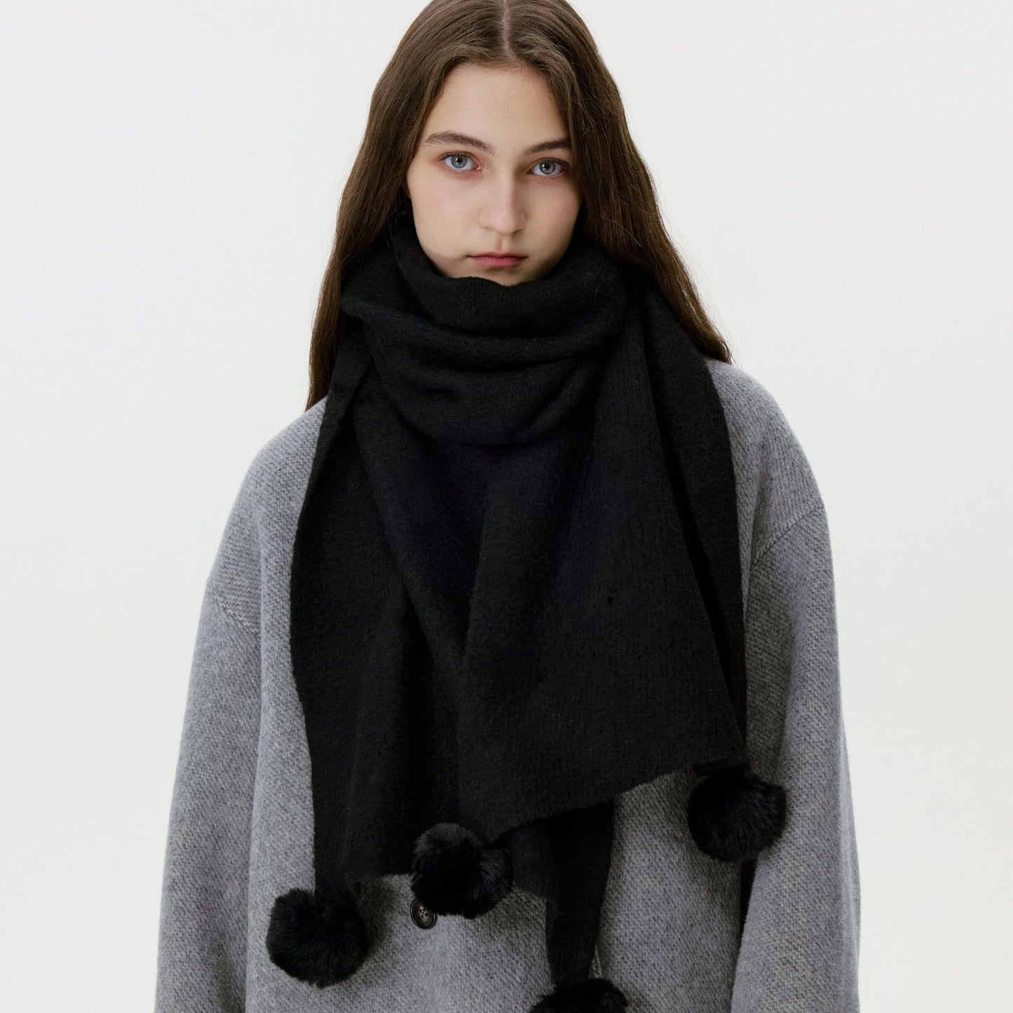Cozy Solid Color Knitted Scarf with Pom Poms for Women