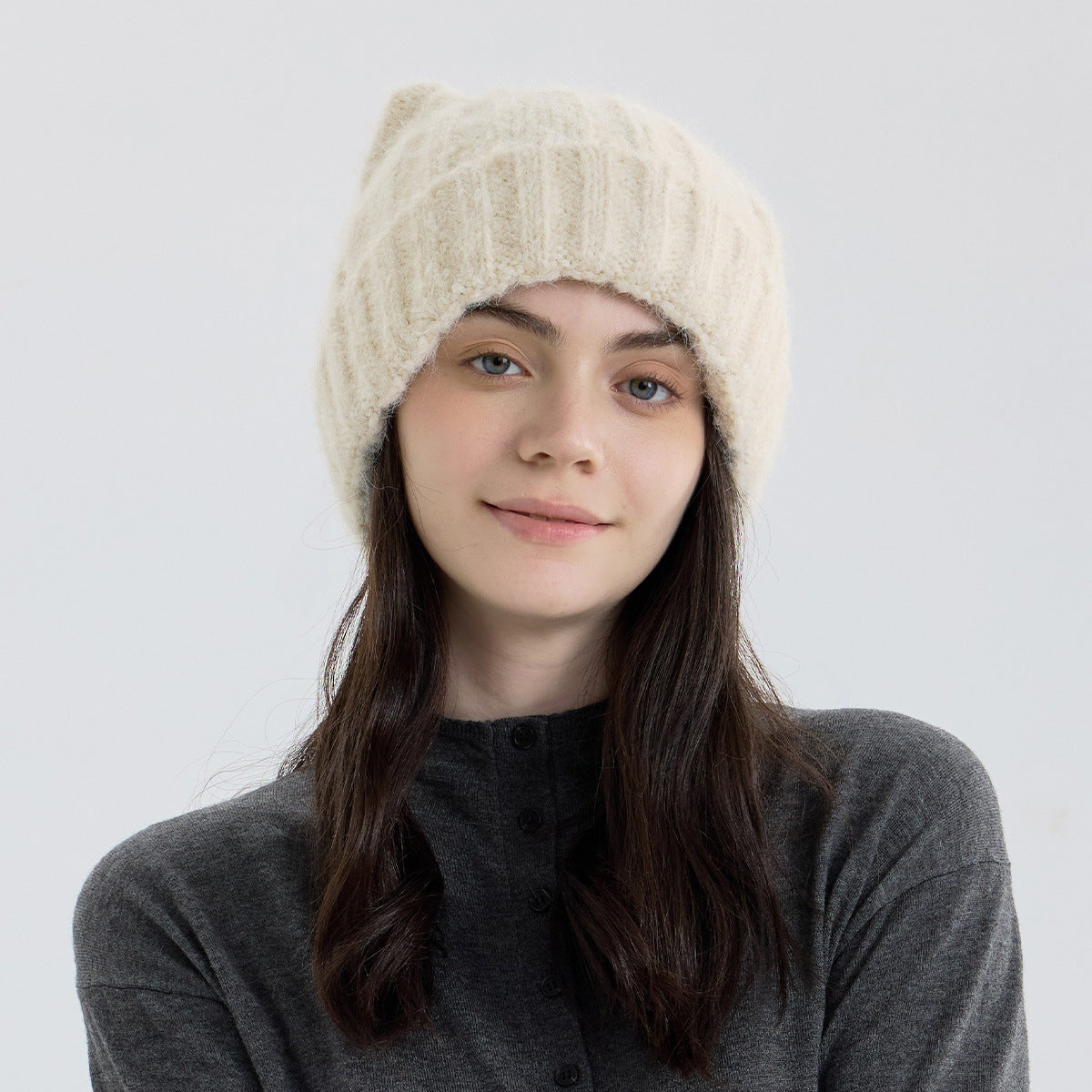Cute Cat Ear Solid Color Knitted Beanie Hat for Women