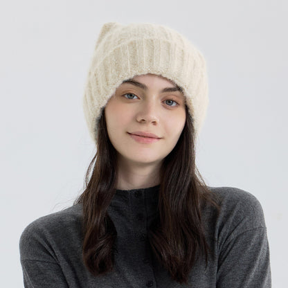 Cute Cat Ear Solid Color Knitted Beanie Hat for Women