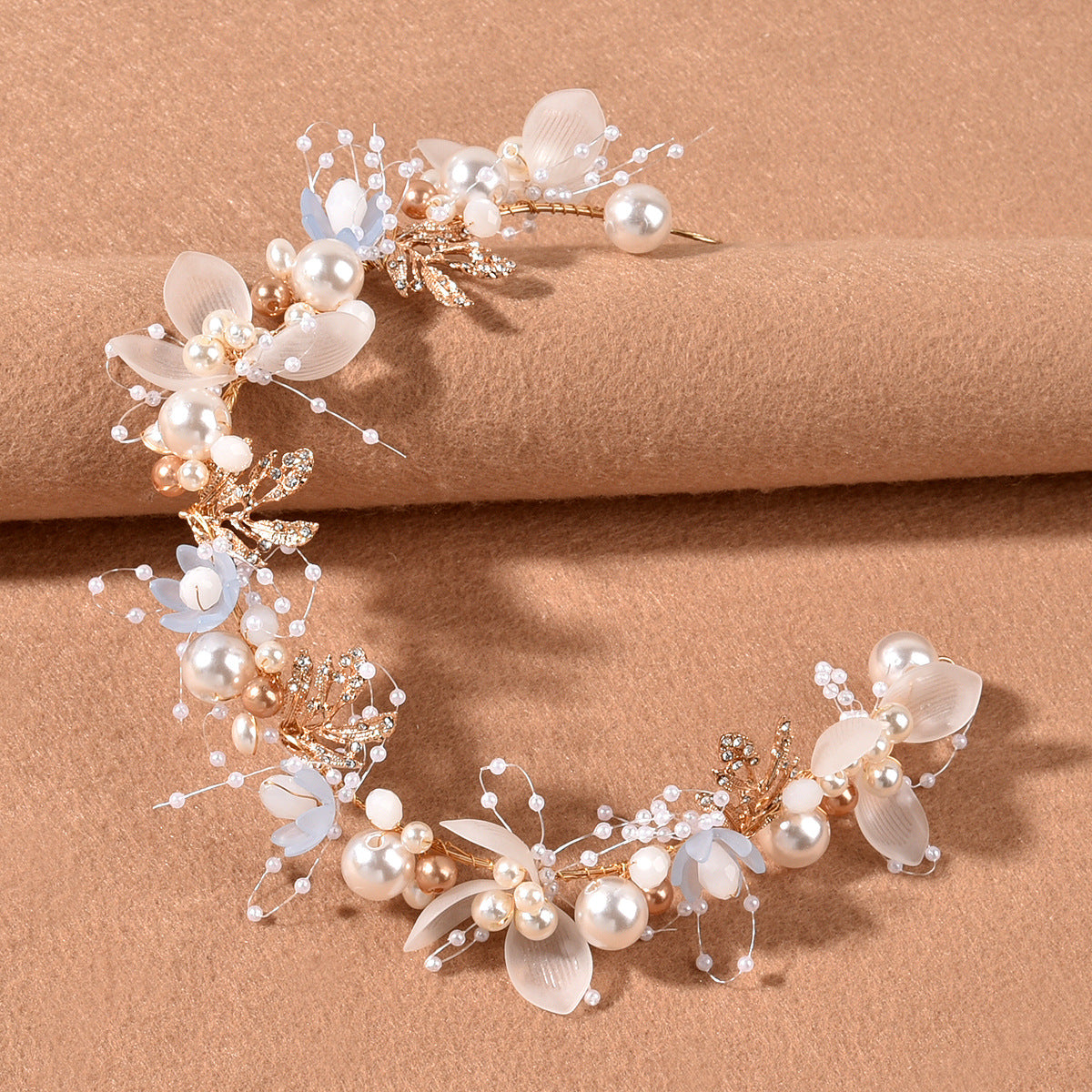 Pearl Flower Bridal Headband with Gold Leaf Detailing