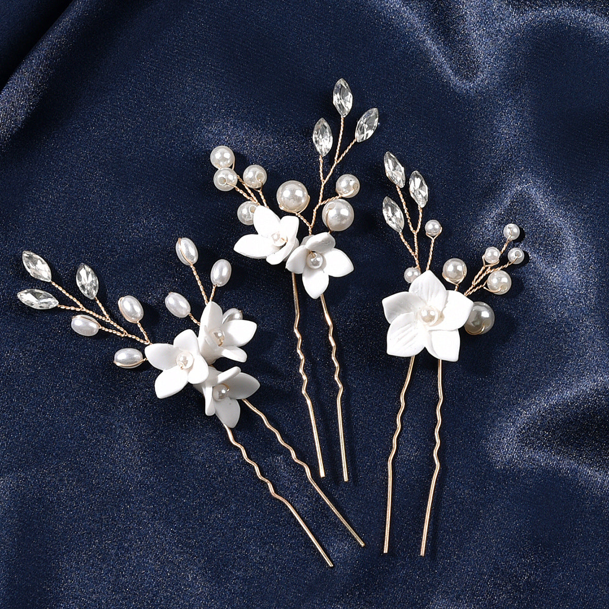 White Floral U Shaped Hair Pins Set of 3 Bridal Wedding Hair Accessories
