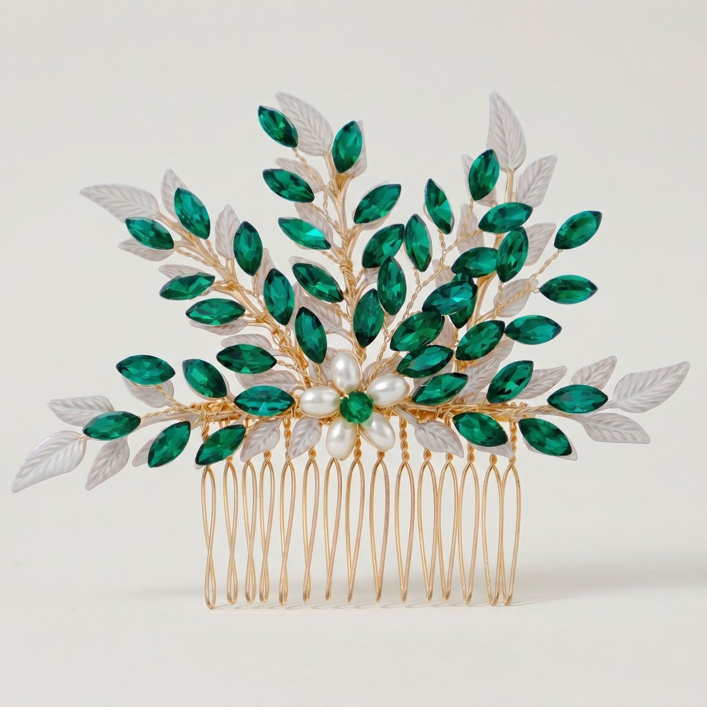 Green Crystal Leaf Hair Comb Elegant Bridal Hair Accessory