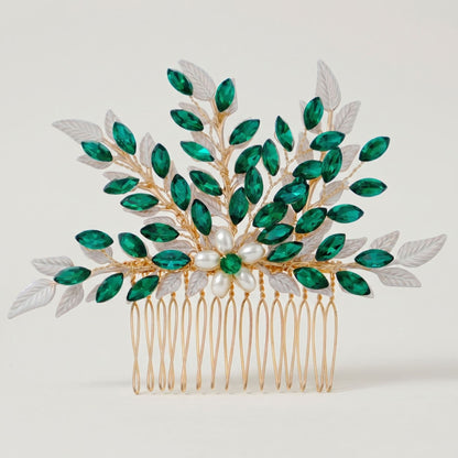Green Crystal Leaf Hair Comb Elegant Bridal Hair Accessory
