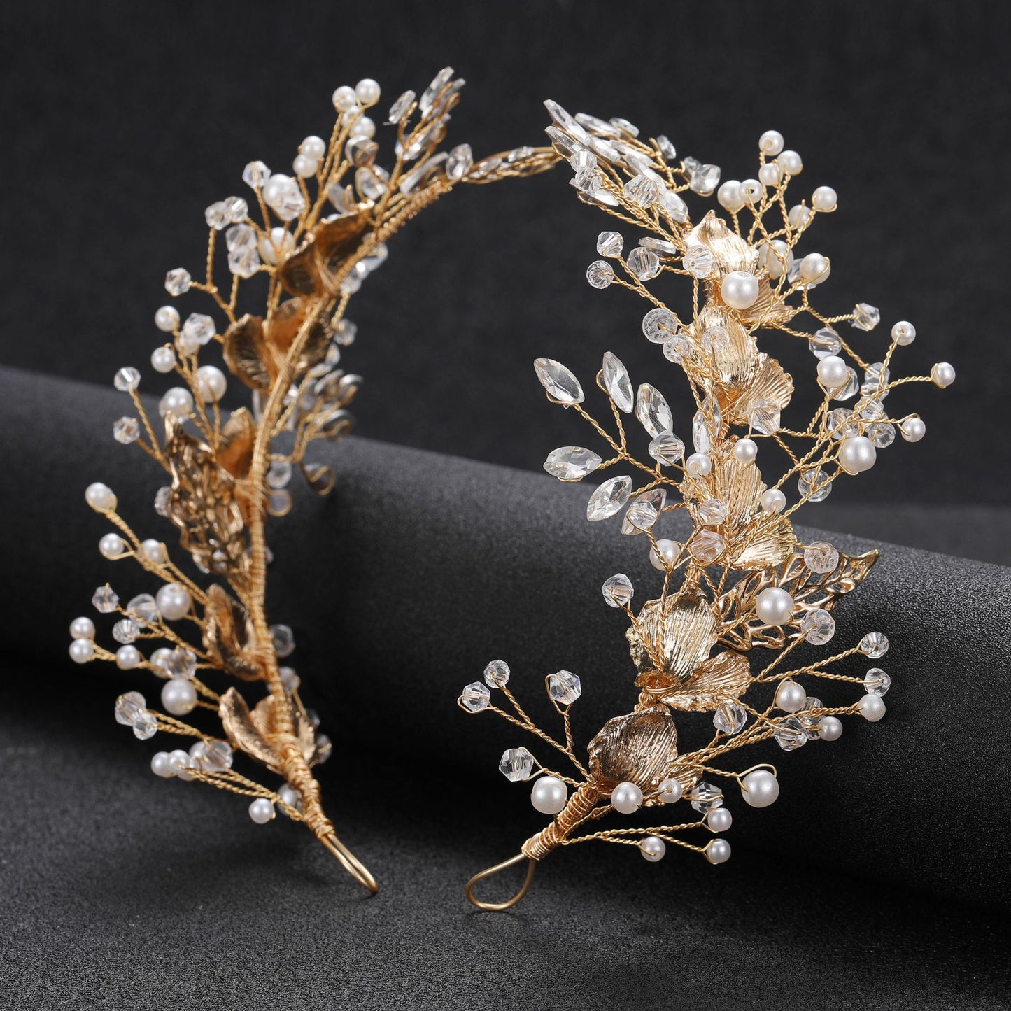 Gold Alloy Leaf Shape Pearl Hairpin Wedding Headpiece