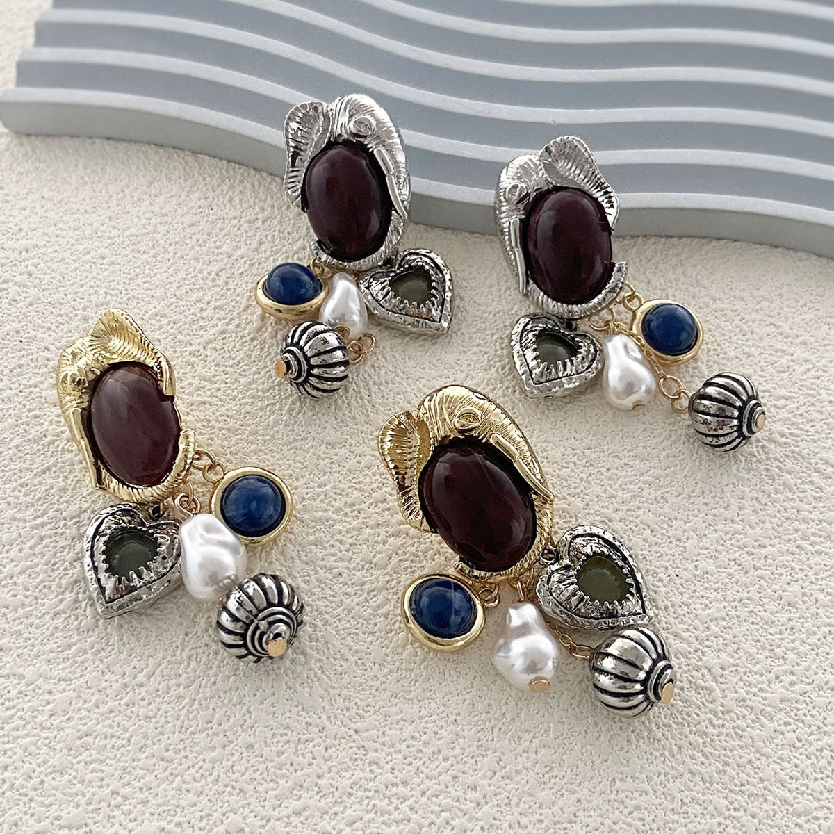 Elephant Pendant Earrings Vintage Pearl Gem Everyday