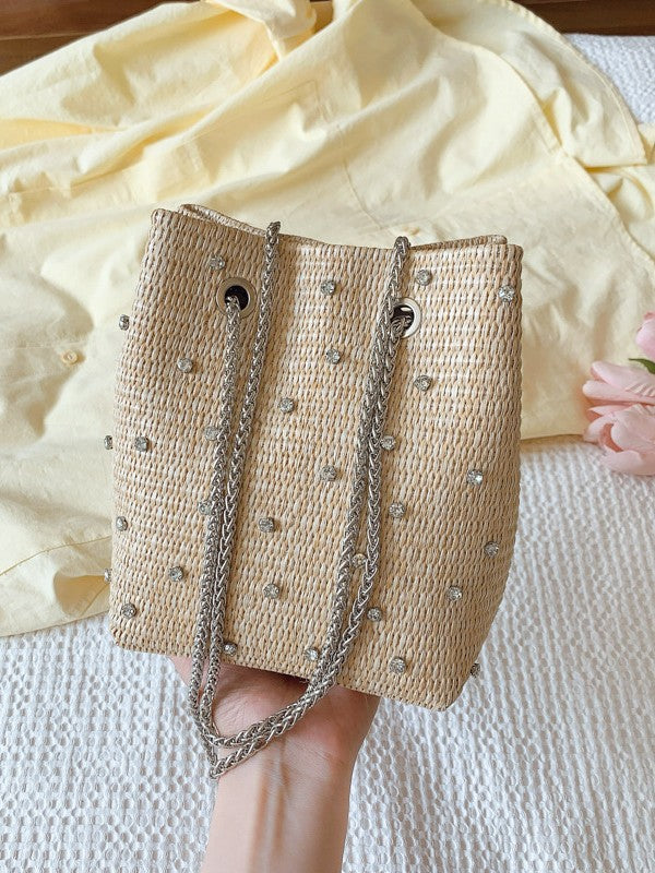 Trendy Woven Bucket Bag with Pearl and Rhinestone Detail