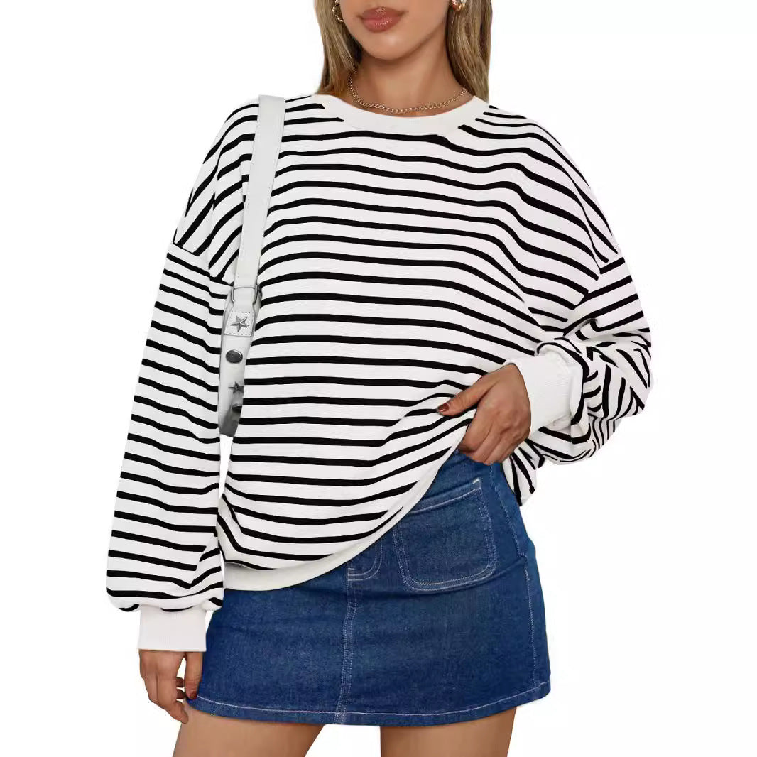 Colorful Striped Crew Neck Loose Sweatshirt for Women