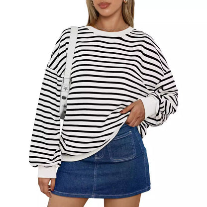 Colorful Striped Crew Neck Loose Sweatshirt for Women
