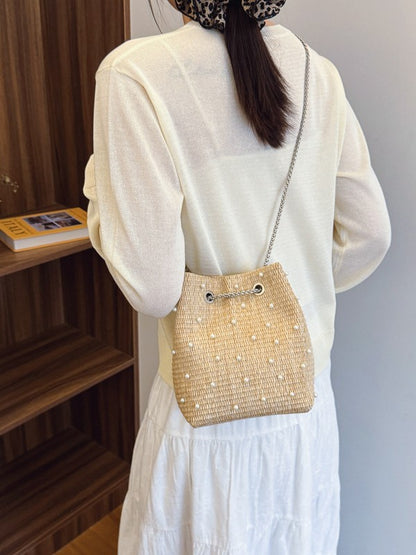 Trendy Woven Bucket Bag with Pearl and Rhinestone Detail