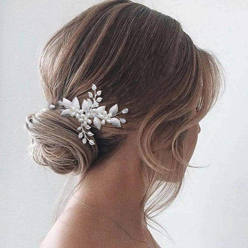 Silver Leaf Pearl Crystal Handmade U Shaped Hairpin Wedding Hairpiece