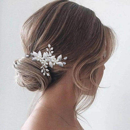 Silver Leaf Pearl Crystal Handmade U Shaped Hairpin Wedding Hairpiece