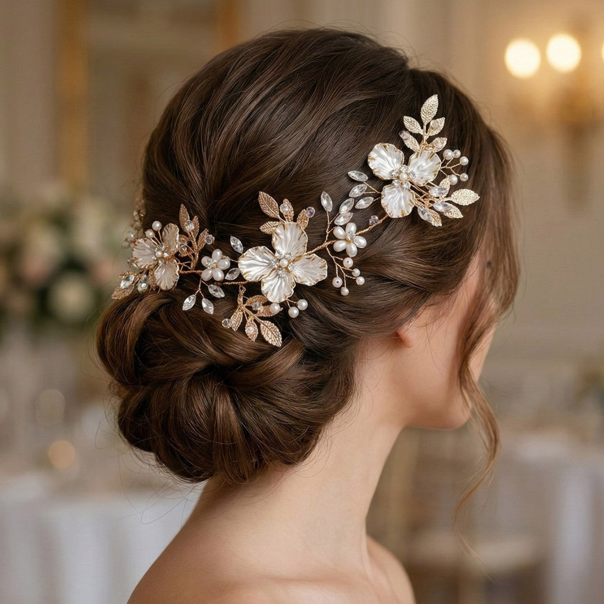 Bridal Hair Pin Comb with Gold Floral Design and Pearls