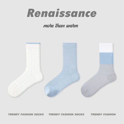 Mid Calf Striped Mesh Breathable Cotton Socks