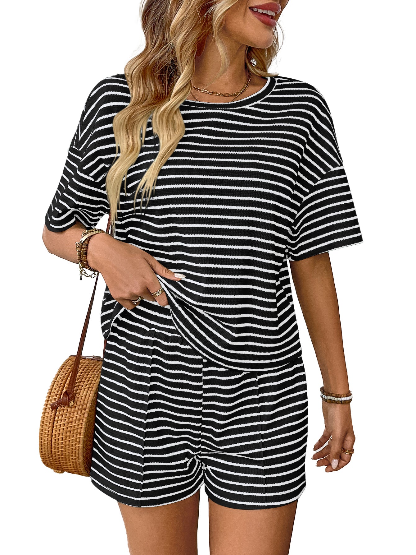 Trendy Casual Knitted Striped Shorts Sports Set for Women