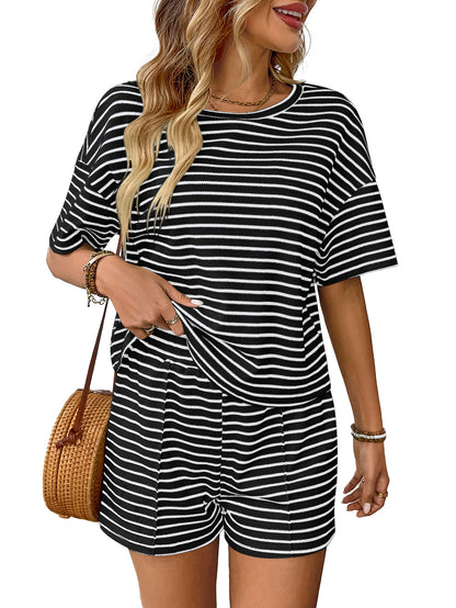 Trendy Casual Knitted Striped Shorts Sports Set for Women