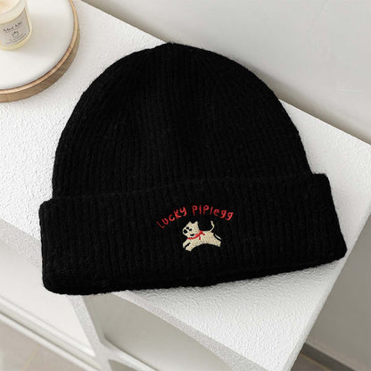 Cute Dog Embroidered Knit Hat Cozy Earflap Beanie