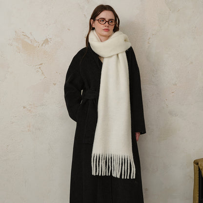 Classic Wool Blend Solid Color Fringed Scarf for Women