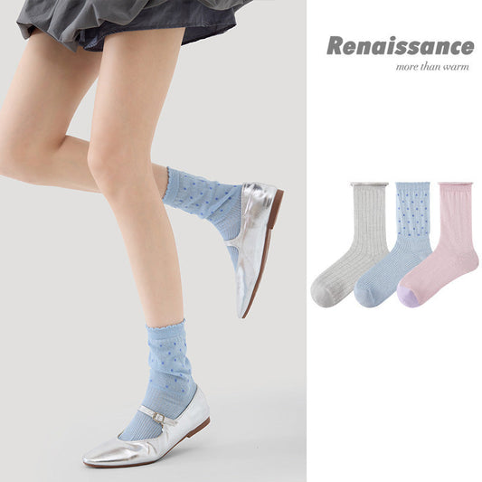 Mid Calf Striped Mesh Breathable Cotton Socks