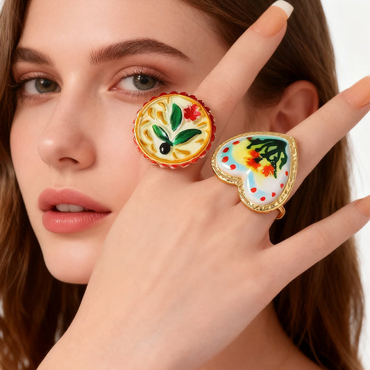 Zinc Alloy Floral Heart Adjustable Open Ring Boho Chic