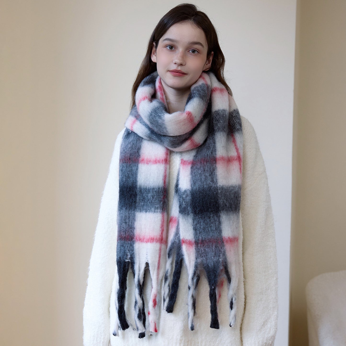 Thick Cozy Plaid Scarf with Fringes for Women