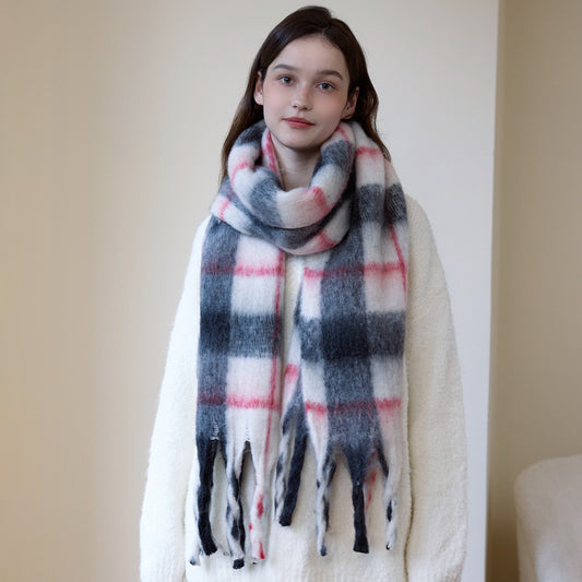 Thick Cozy Plaid Scarf with Fringes for Women
