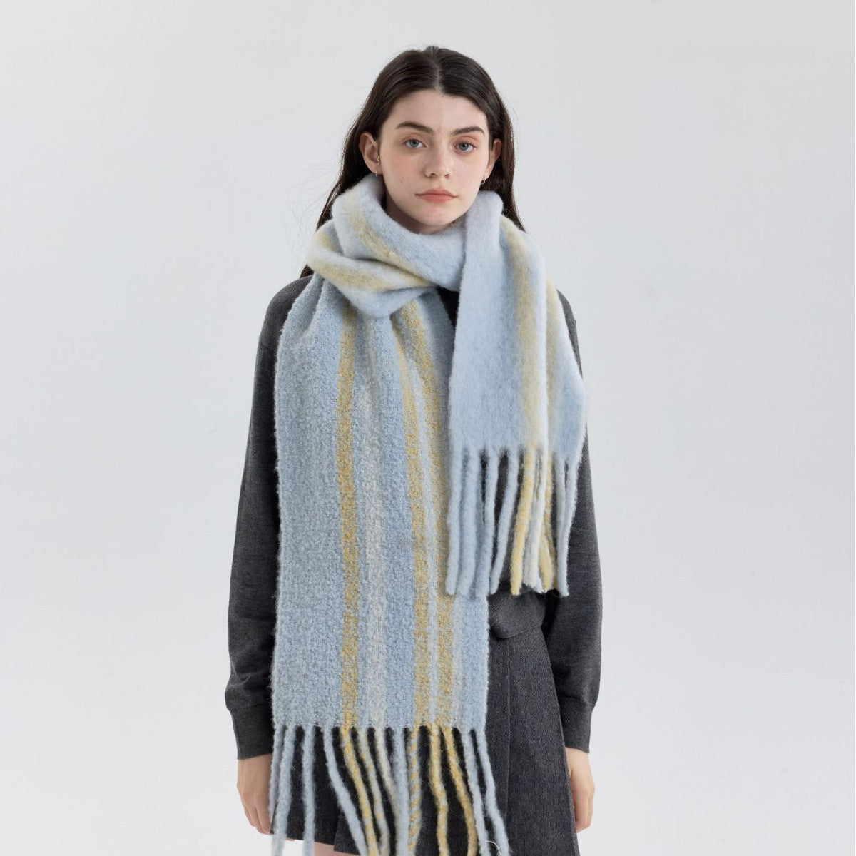 Trendy Striped Wool Scarf with Fringes for Women