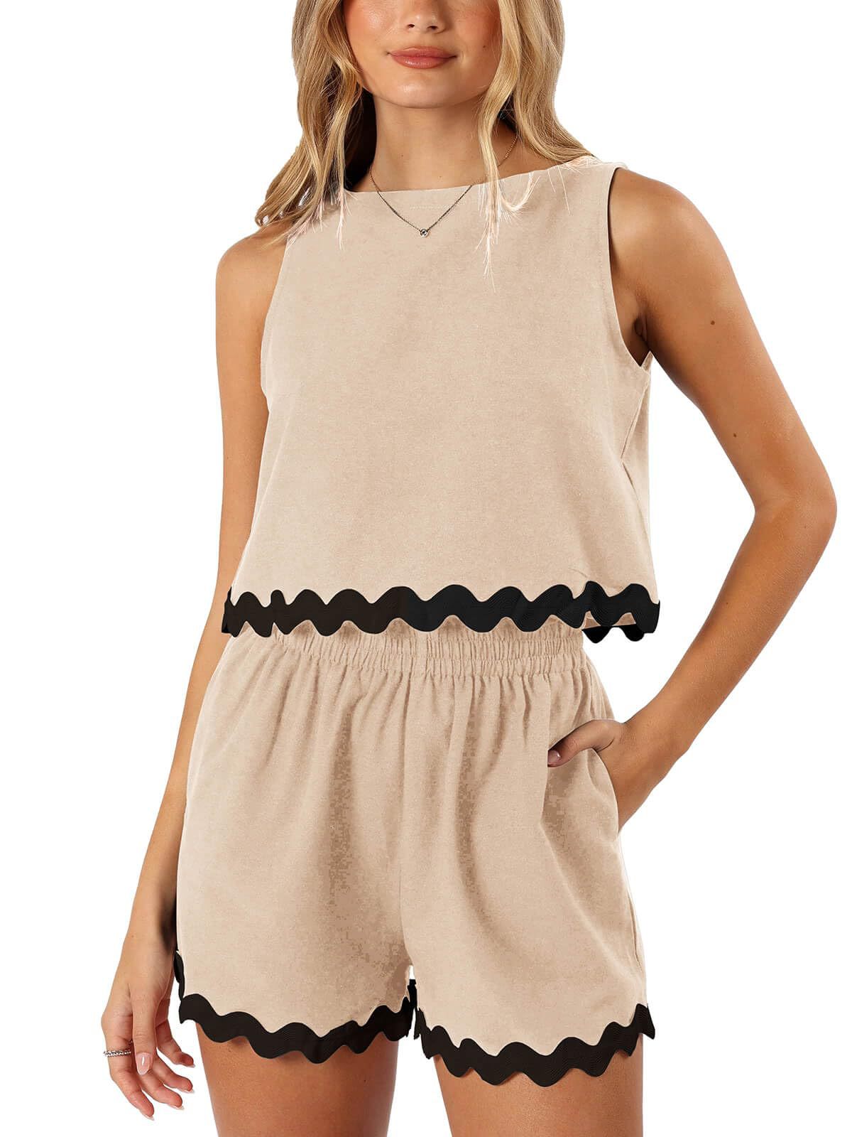 Summer Two-Piece Lace-Trimmed Tank Top and Shorts Set