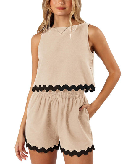 Summer Two-Piece Lace-Trimmed Tank Top and Shorts Set