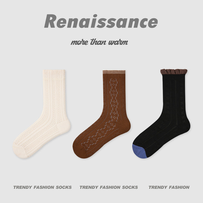 Mid Calf Striped Mesh Breathable Cotton Socks