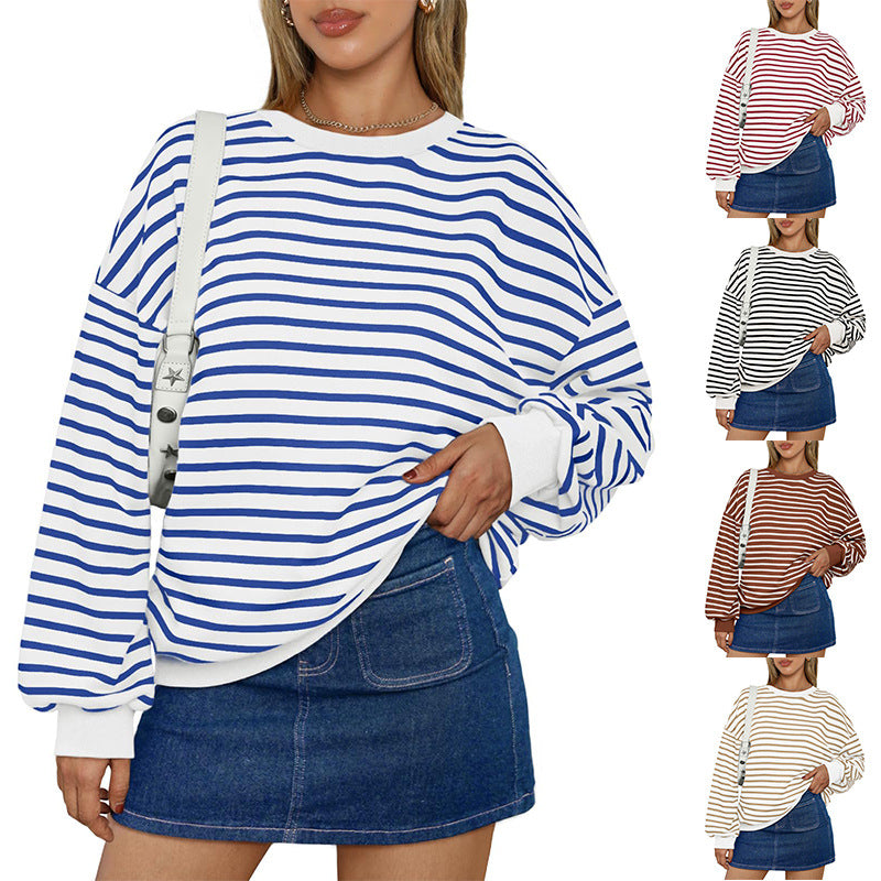 Colorful Striped Crew Neck Loose Sweatshirt for Women