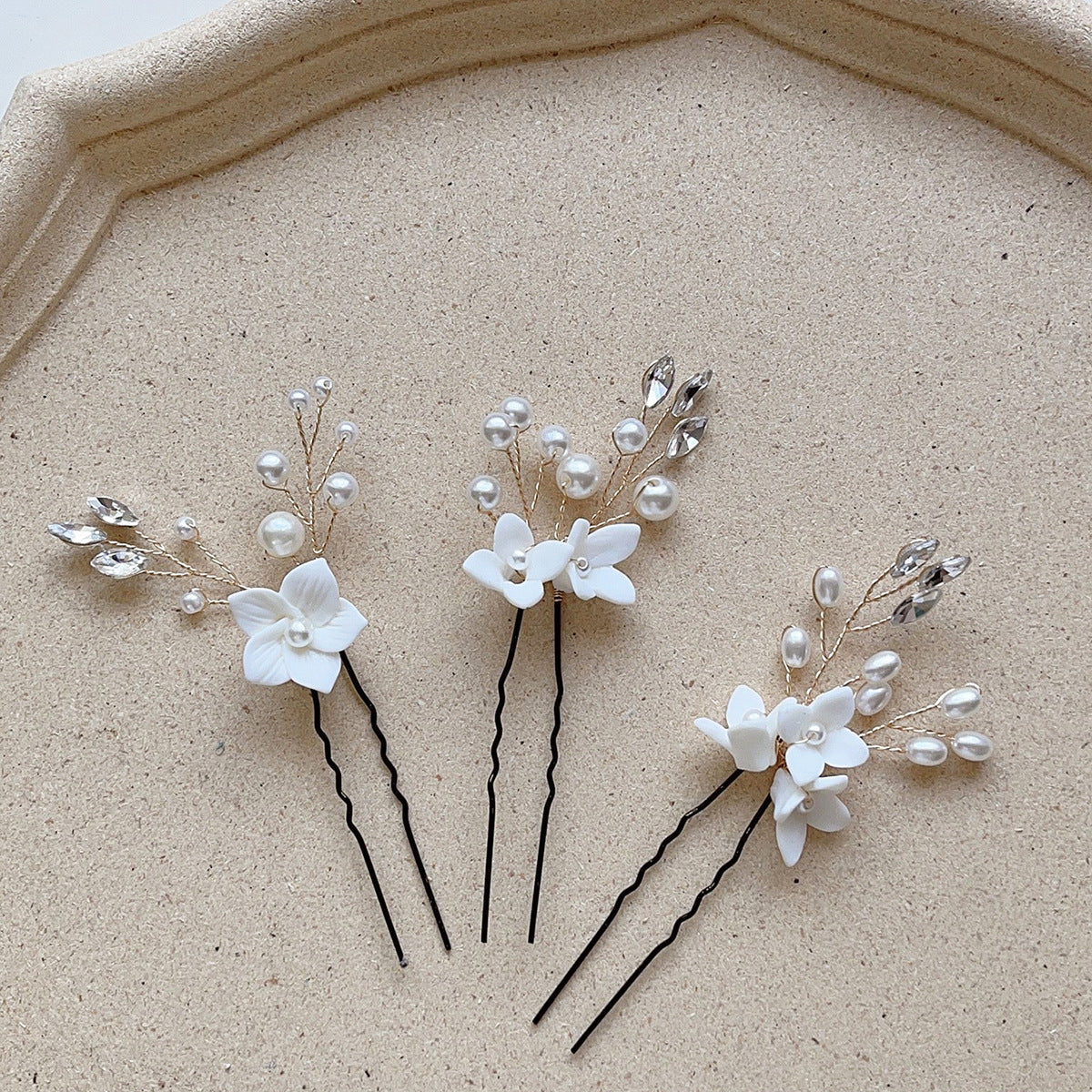 White Floral U Shaped Hair Pins Set of 3 Bridal Wedding Hair Accessories