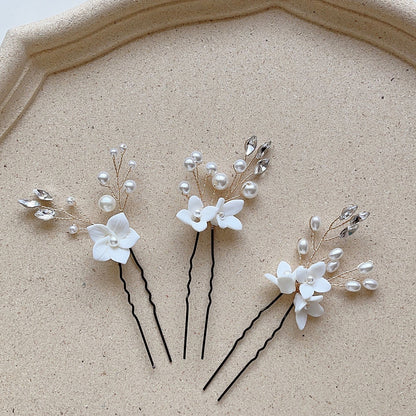 White Floral U Shaped Hair Pins Set of 3 Bridal Wedding Hair Accessories
