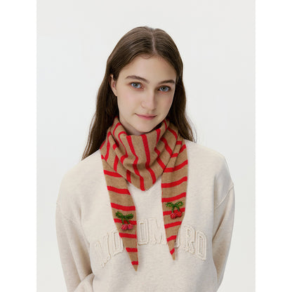 Triangular Wool Knit Scarf with Stripes for Women