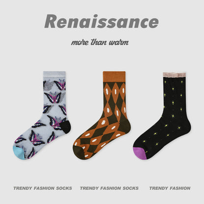 Mid Calf Striped Mesh Breathable Cotton Socks