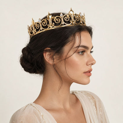 Vintage Gold Crown Headpiece with Rhinestones for Parties