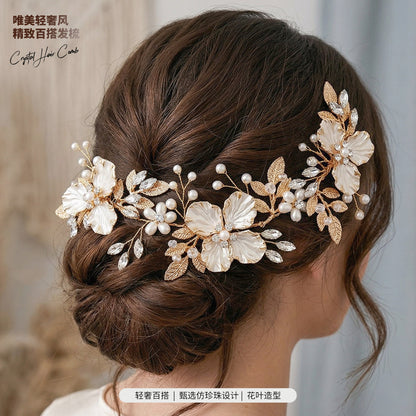 Bridal Hair Pin Comb with Gold Floral Design and Pearls