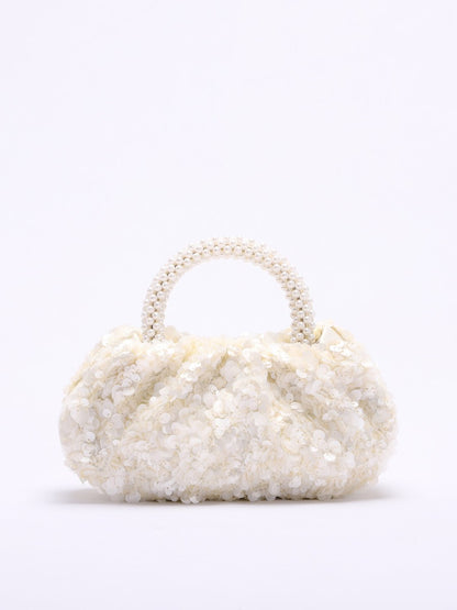 Round Wood Handle Bag Floral Embroidered Beach Style Women's Clutch