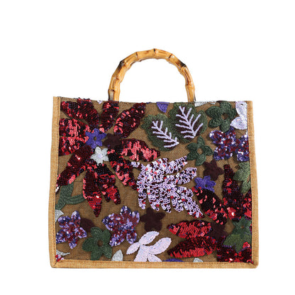 Embroidered Sequin Tote Bag with Floral Detail
